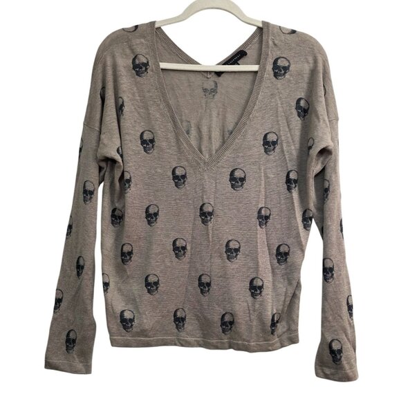 Skull Cashmere New Brown Linen Longsleeve Black Skulls Shirt Top Medium - Picture 1 of 5